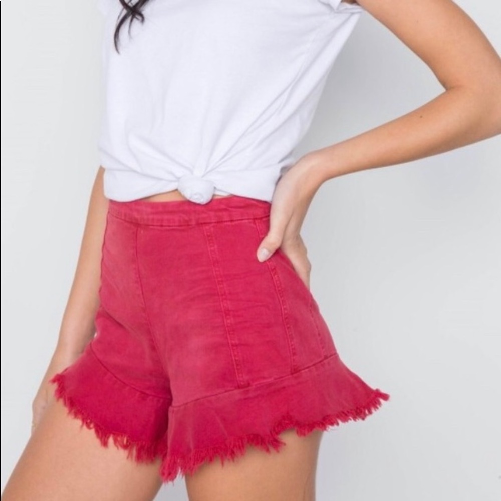 Red Fray High Waist Shorts